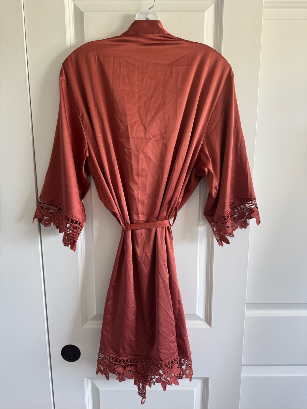 Satin Lace-Trim Short Robe in Rust - Picture 3 of 7